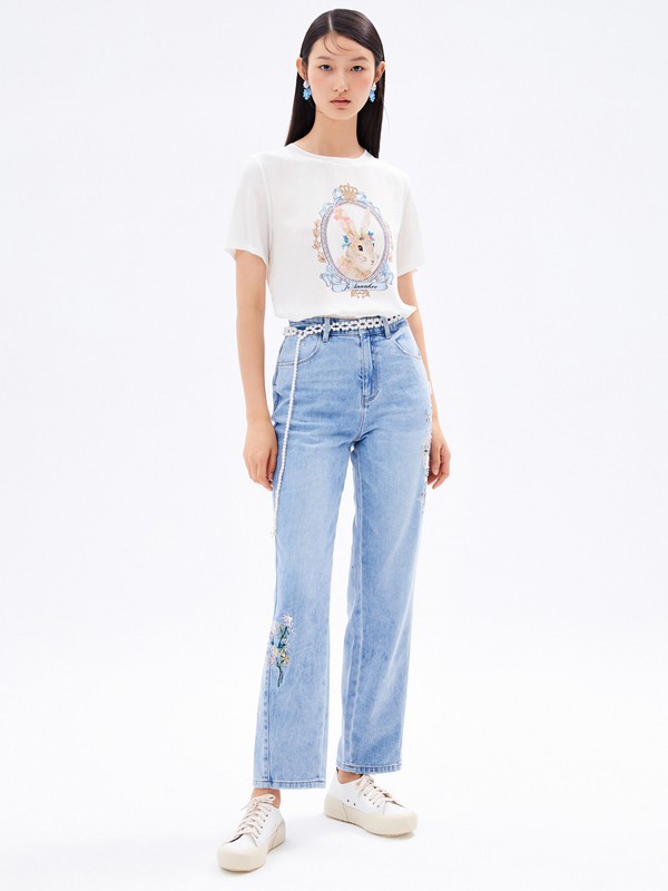 玖姿女装2021春夏季白色印花T恤