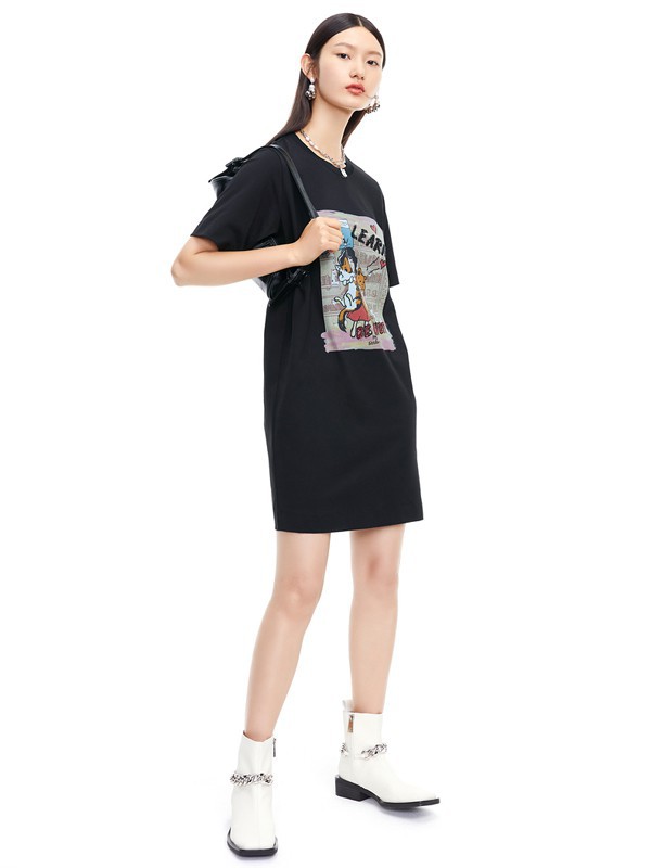 玖姿女装2021春夏季黄色印花连衣裙