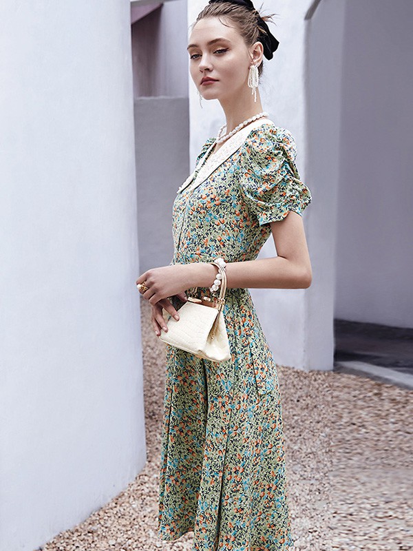 艾利欧 女装2021春夏季绿色印花连衣裙