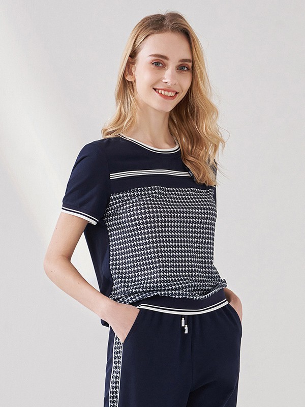 梵思诺2022春夏季黑色格子T恤