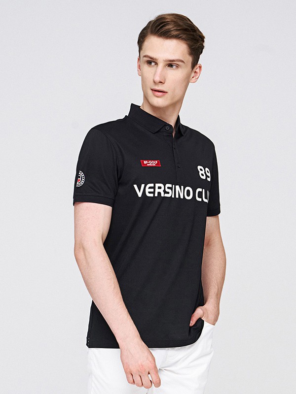梵思诺男装2021春夏季黑色字母polo衫