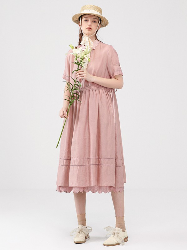 EIN言女装2021春夏季粉色褶皱连衣裙