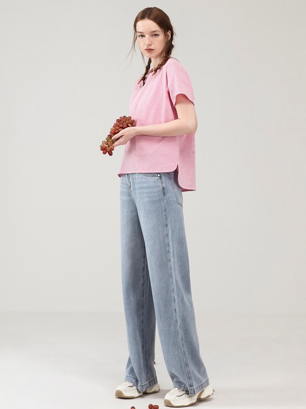 EIN言女装2021春夏季粉色不对称T恤