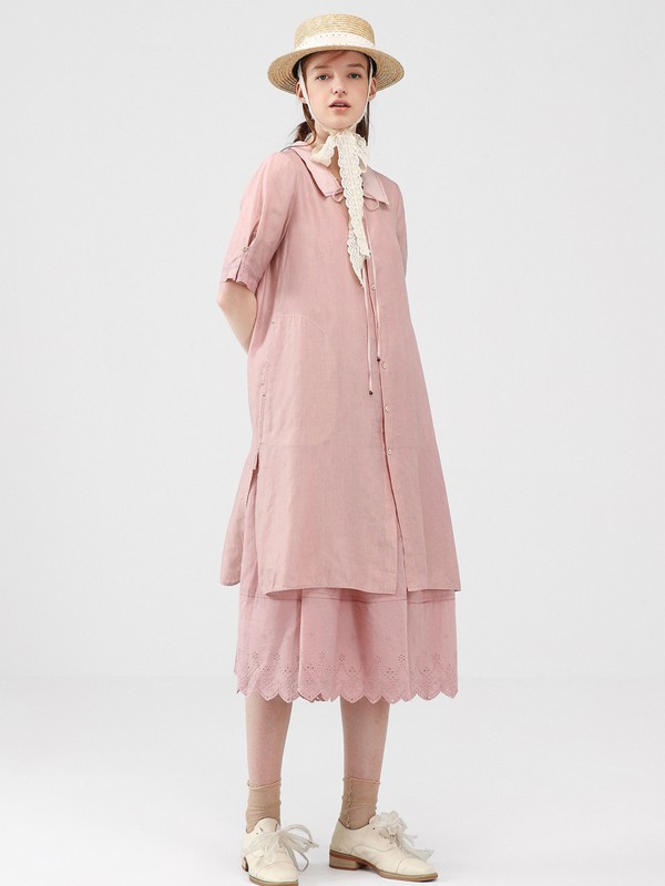EIN言女装2021春夏季粉色纯色衬衫裙