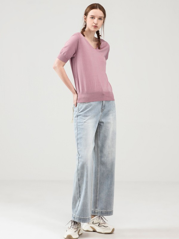 EIN言女装2021春夏季粉色纯色针织衫