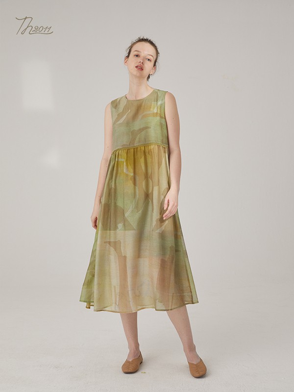 TH2011女装2021春夏季绿色印花连衣裙