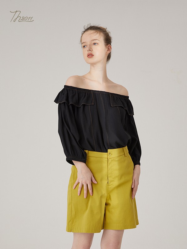 TH20112021春夏季黑色一字肩雪纺衫