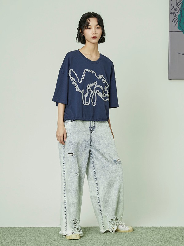 幻走女装2021春夏季藏蓝色印花T恤