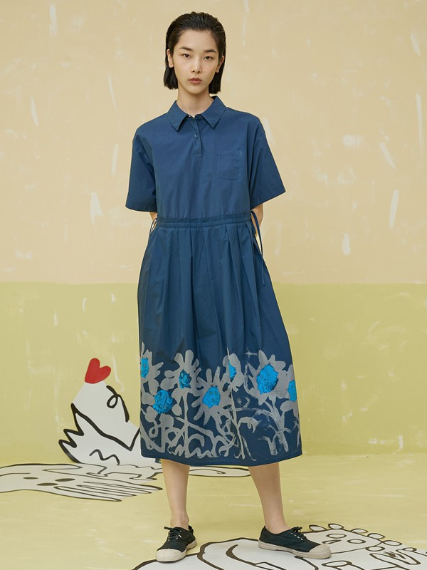 幻走女装2021春夏季藏蓝色印花连衣裙