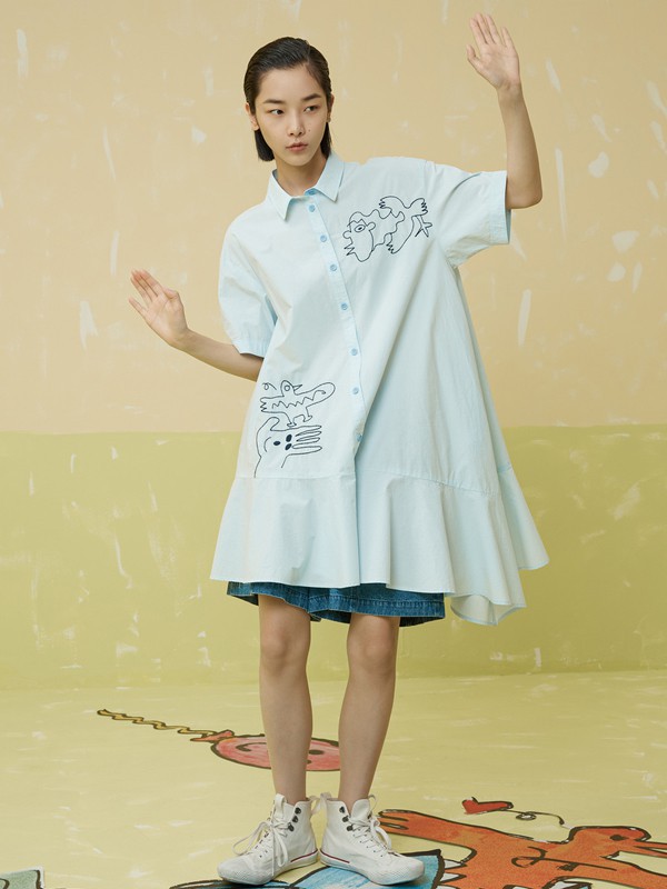 幻走女装2021春夏季白色印花衬衫裙