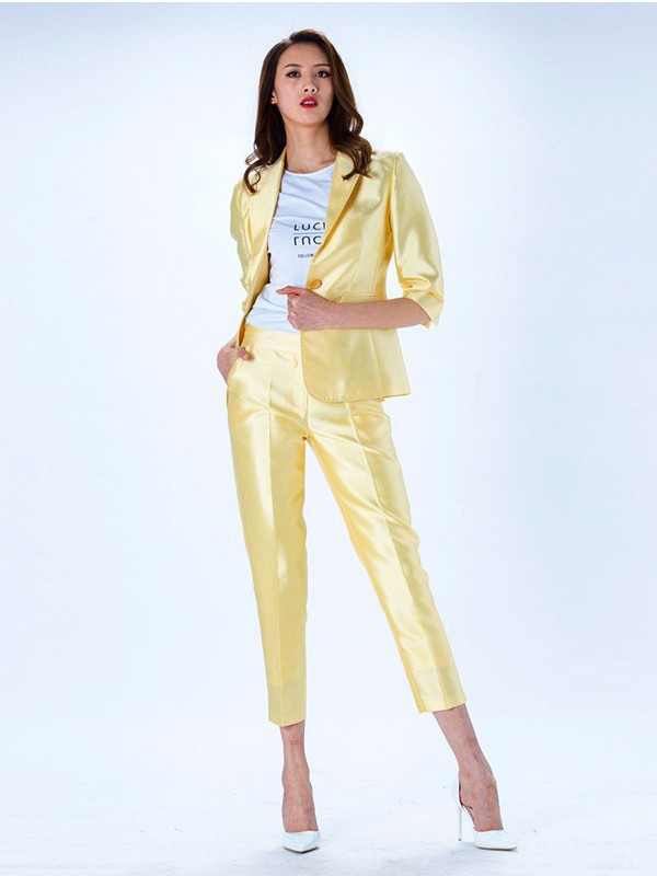 白领2021春夏季黄色纯色长裤