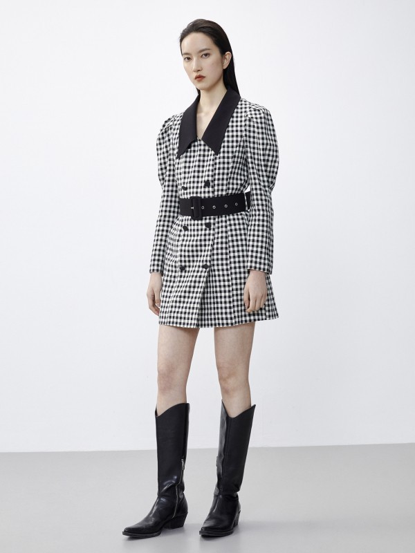 艾诺丝雅诗2021春夏季白色格子连衣裙