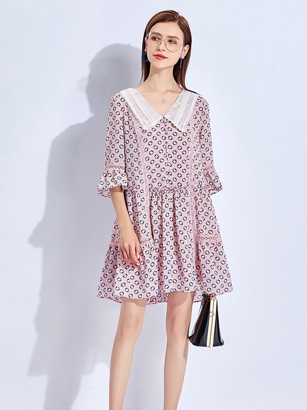 五丁目衣舍2021春夏季粉色印花连衣裙