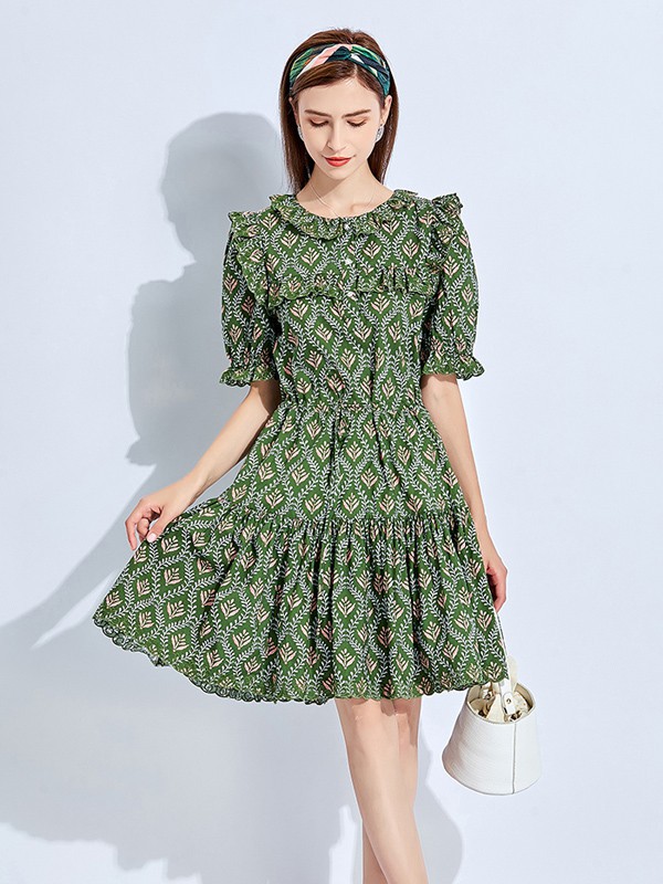 五丁目衣舍女装2021春夏季绿色印花连衣裙