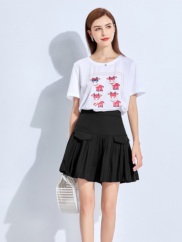 五丁目衣舍女装2021春夏季藏蓝色印花T恤