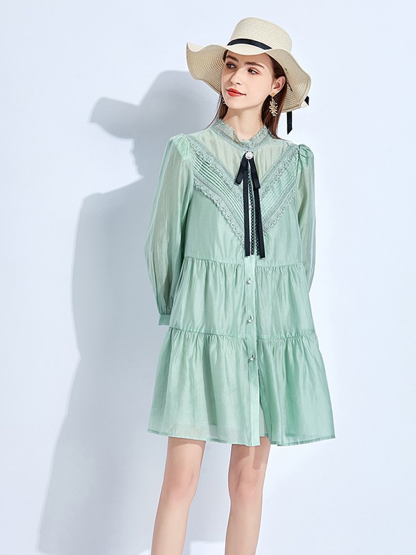 五丁目衣舍女装2021春夏季绿色纯色连衣裙