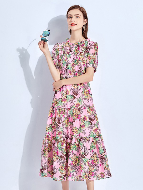 五丁目衣舍女装2021春夏季橙色印花连衣裙