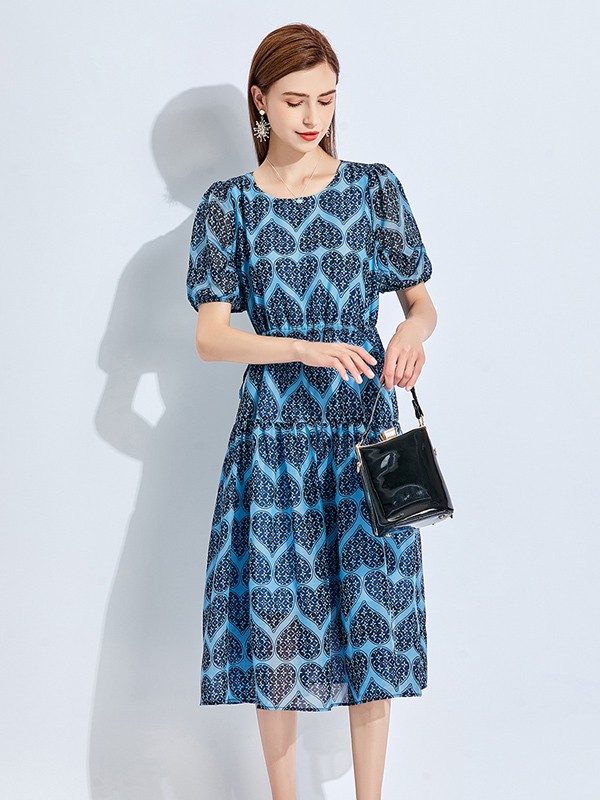 五丁目衣舍女装2021春夏季蓝色印花连衣裙