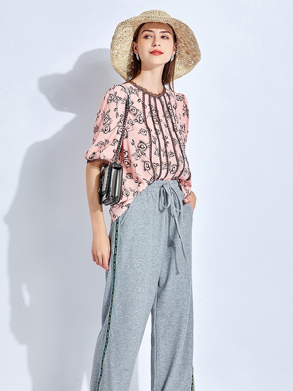 五丁目衣舍女装2021春夏季粉色印花上衣