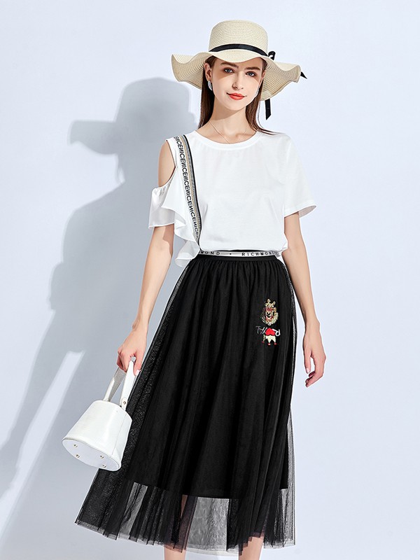 五丁目衣舍女装2021春夏季黑色印花纱裙