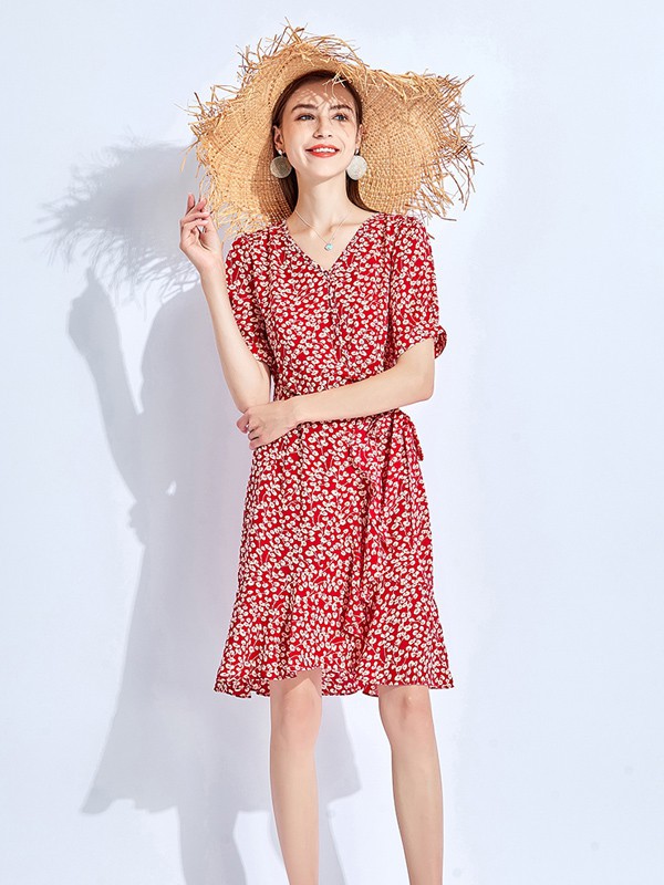 五丁目衣舍女装2021春夏季红色波点连体衣