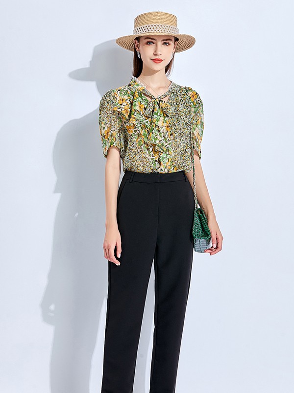 五丁目衣舍女装2021春夏季绿色印花雪纺衫