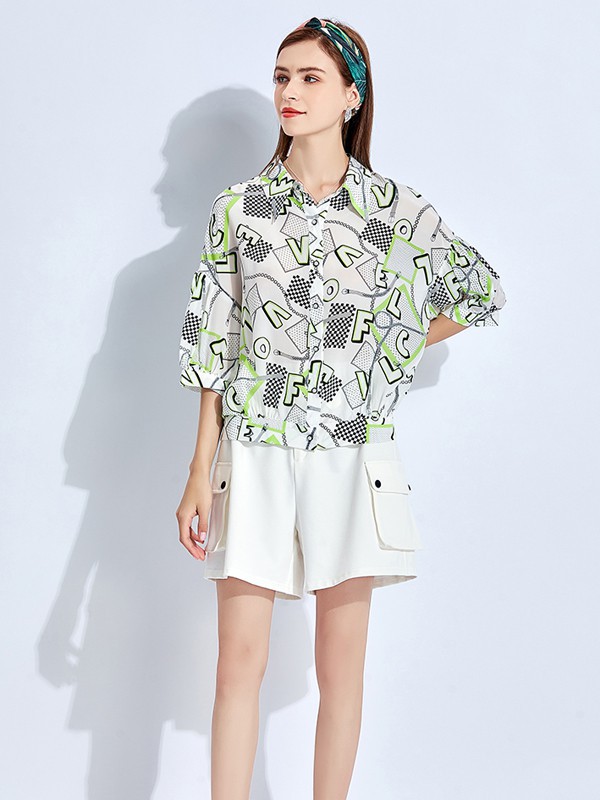 五丁目衣舍女装2021春夏季灰色印花衬衫