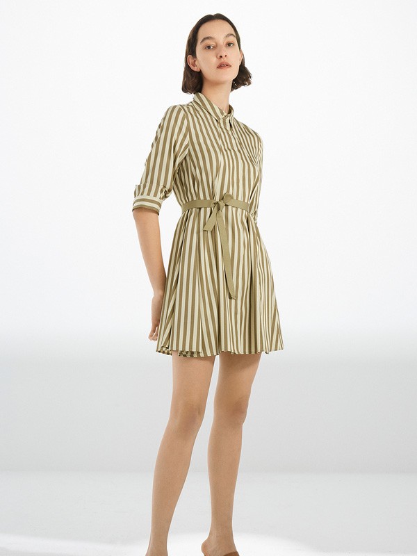 Pure:Moment:2021春夏季绿色条纹连衣裙