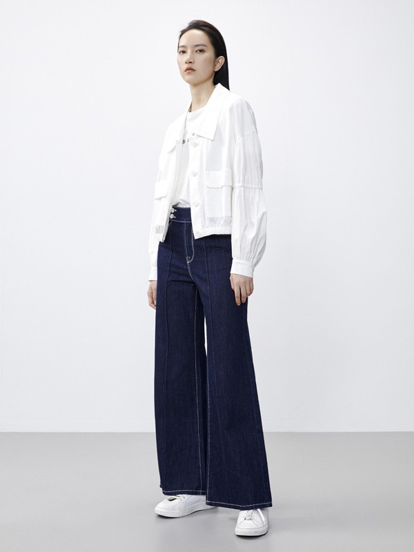 艾诺丝雅诗2021春夏季藏蓝色纯色阔腿裤