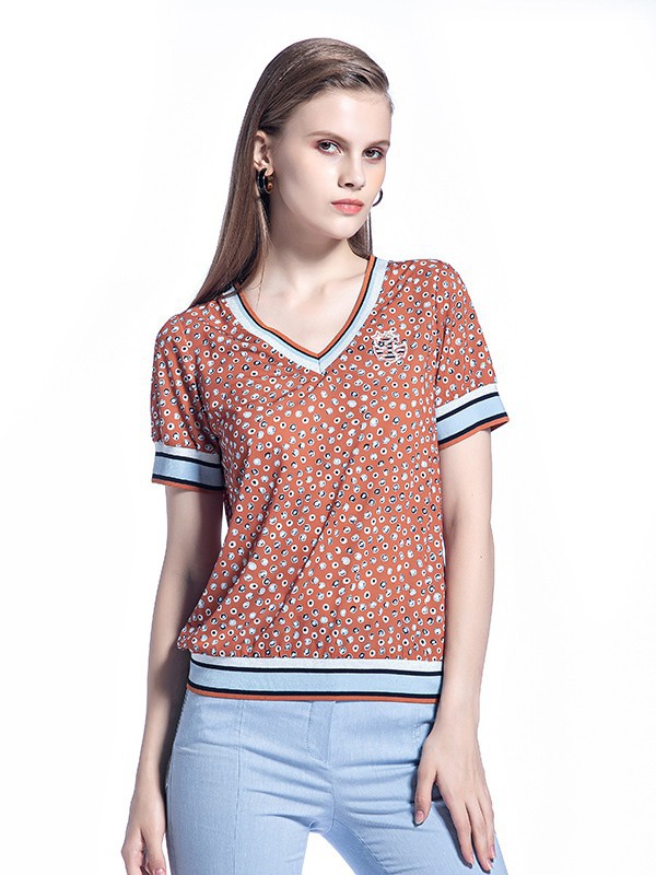 声雨竹2021春夏季橙色印花T恤