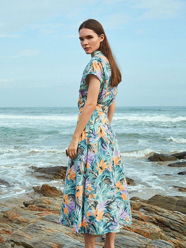 玛塞莉2021春夏季蓝色纯色连衣裙