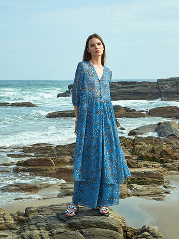 玛塞莉2021春夏季蓝色印花连体裤