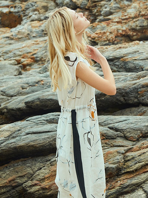 玛塞莉2021春夏季白色印花连衣裙