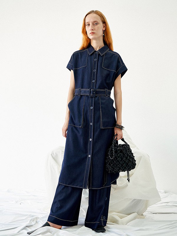 玛塞莉2021春夏季藏蓝色纯色连衣裙