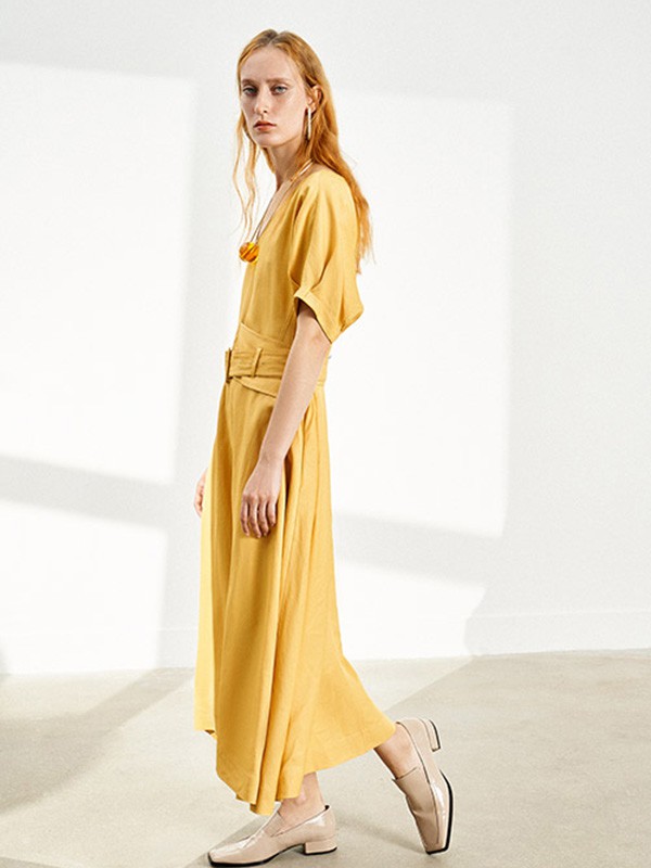 玛塞莉2021春夏季黄色纯色连衣裙