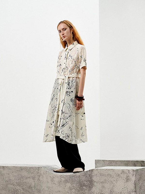 玛塞莉2021春夏季白色印花连衣裙