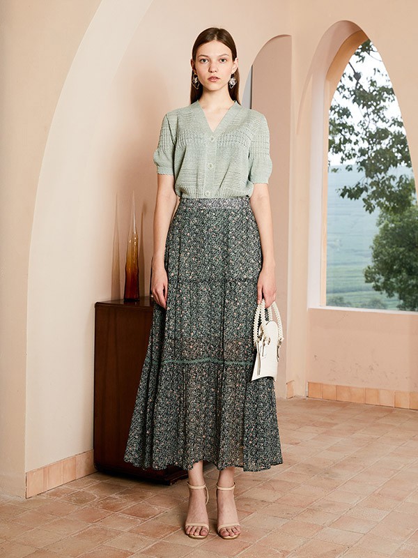 圣卡萝2021春夏季绿色波点长裙