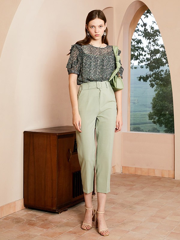 圣卡萝2021春夏季绿色纯色九分裤