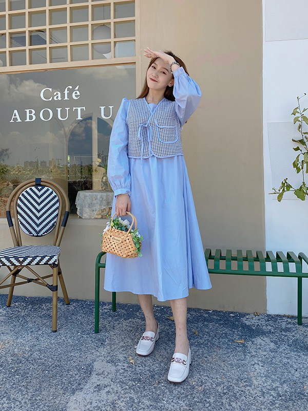 丹比奴2021秋冬季蓝色拼接连衣裙