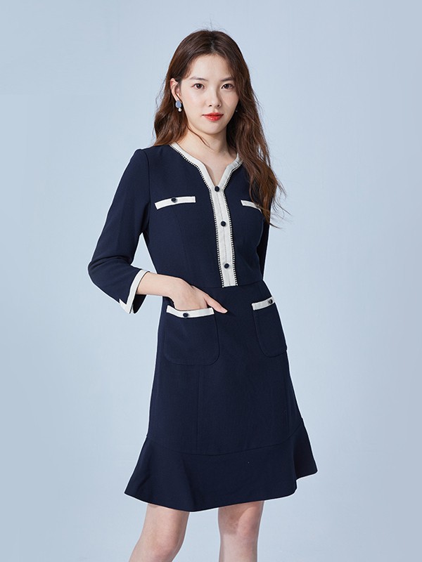 roem女装2021春夏季藏蓝色纯色连衣裙