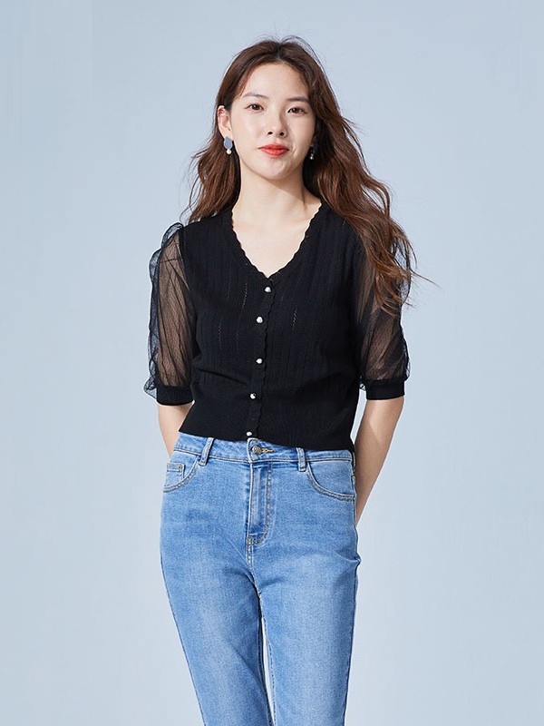 roem女装2021春夏季黑色纱网雪纺衫