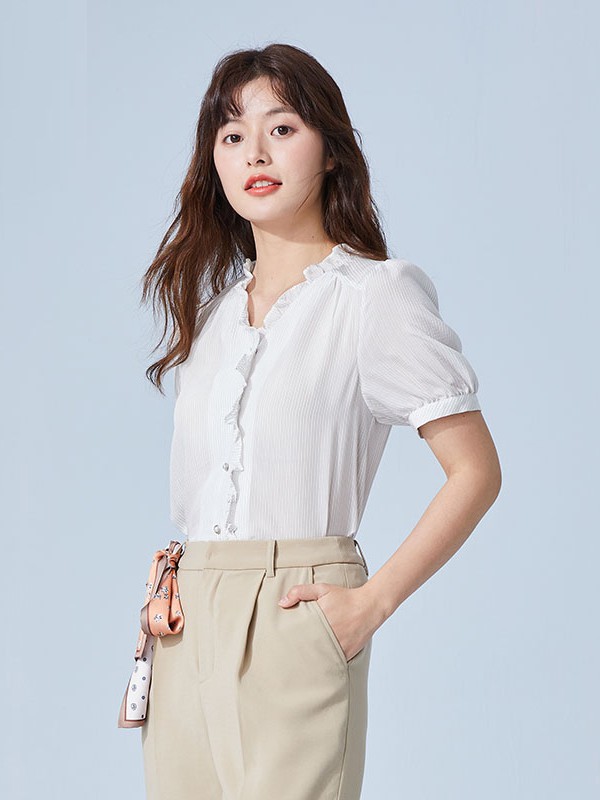 roem女装2021春夏季白色木耳边衬衫