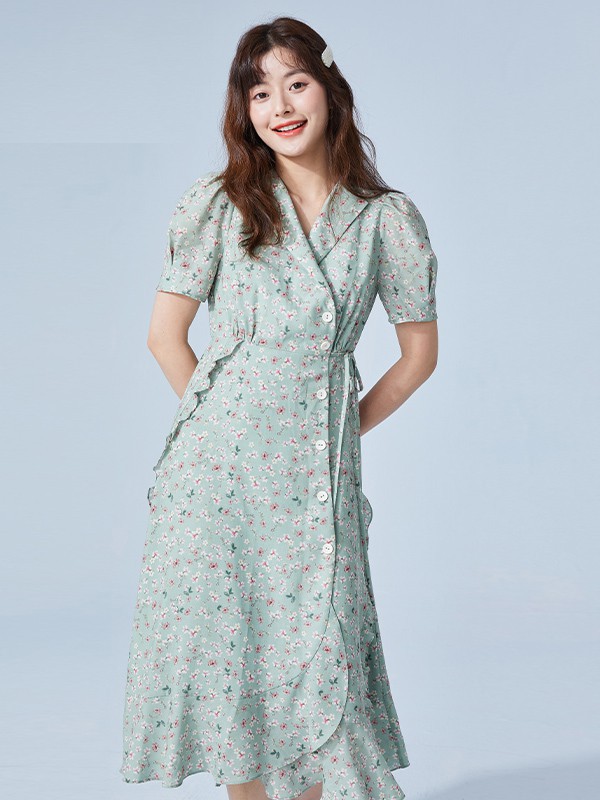 roem女装2021春夏季绿色印花连衣裙