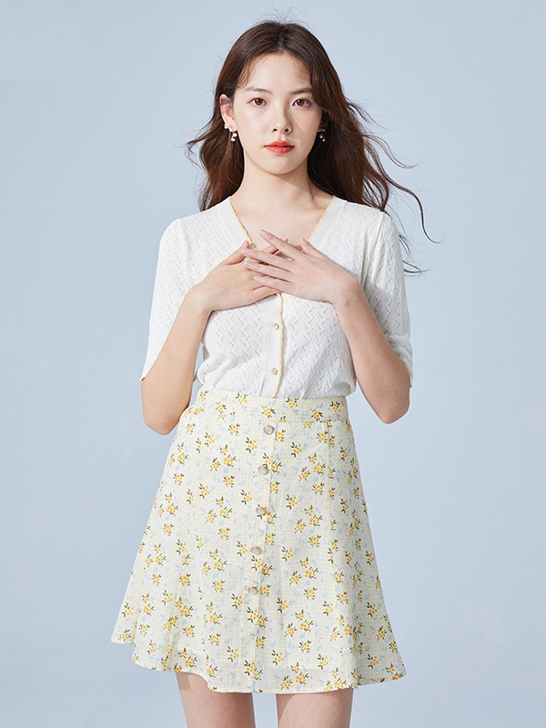 roem女装2021春夏季黄色印花短裙