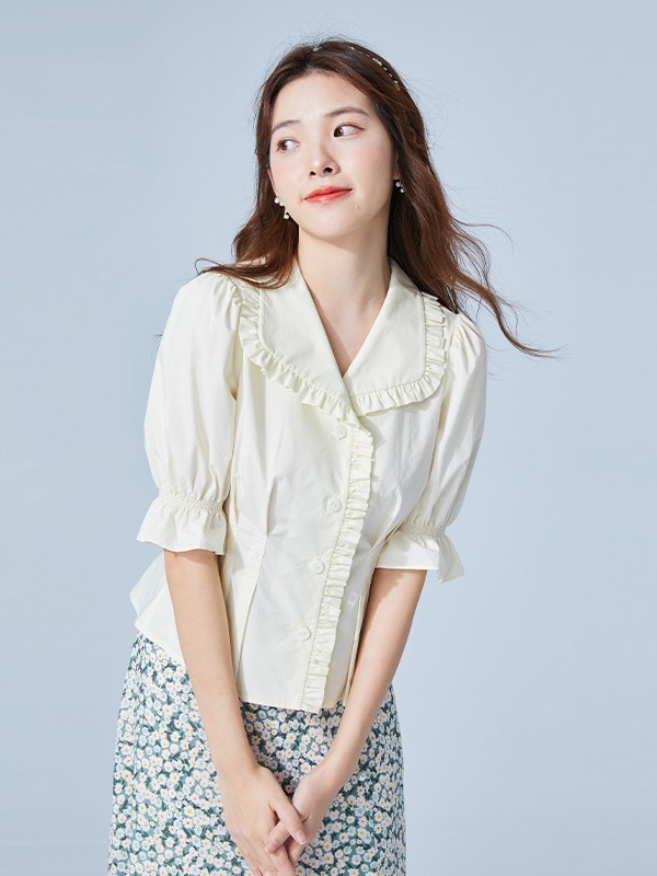 roem女装2021春夏季白色泡泡袖衬衫