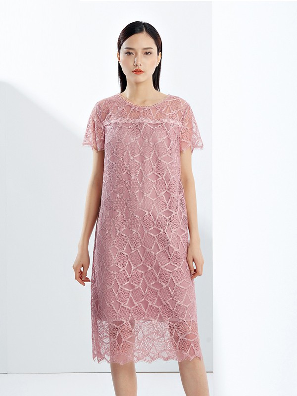 铂玺2021春夏季粉色蕾丝连衣裙