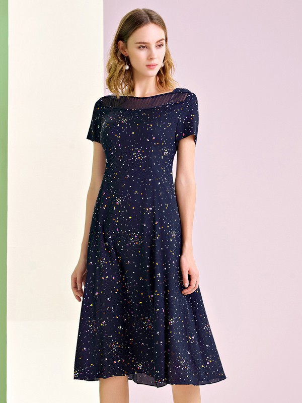 铂玺2021春夏季藏蓝色印花连衣裙