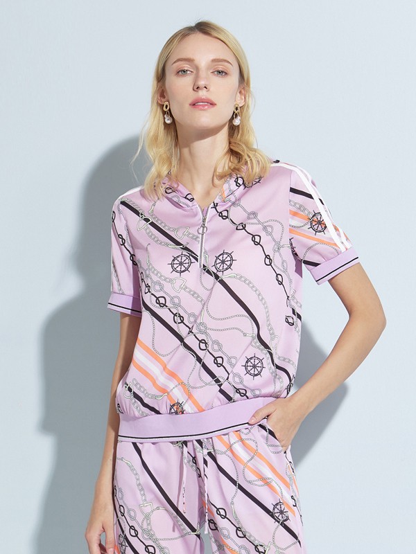 铂玺2021春夏季粉色印花T恤