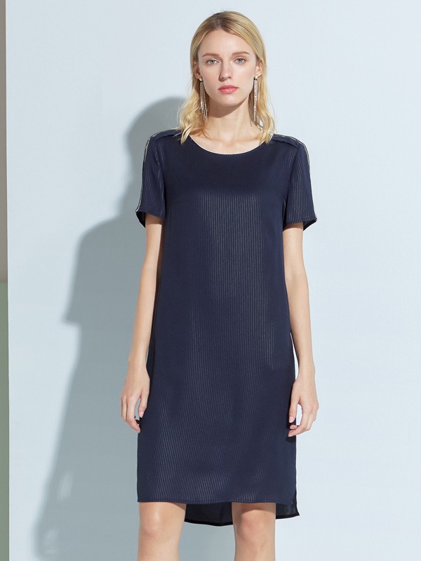 铂玺2021春夏季藏蓝色纯色连衣裙