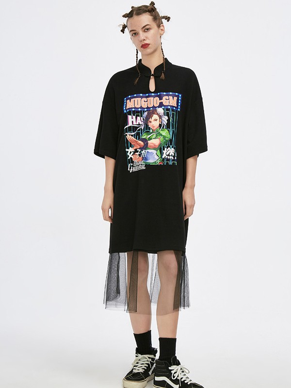 木果果木女装2021春夏季黑色印花连衣裙